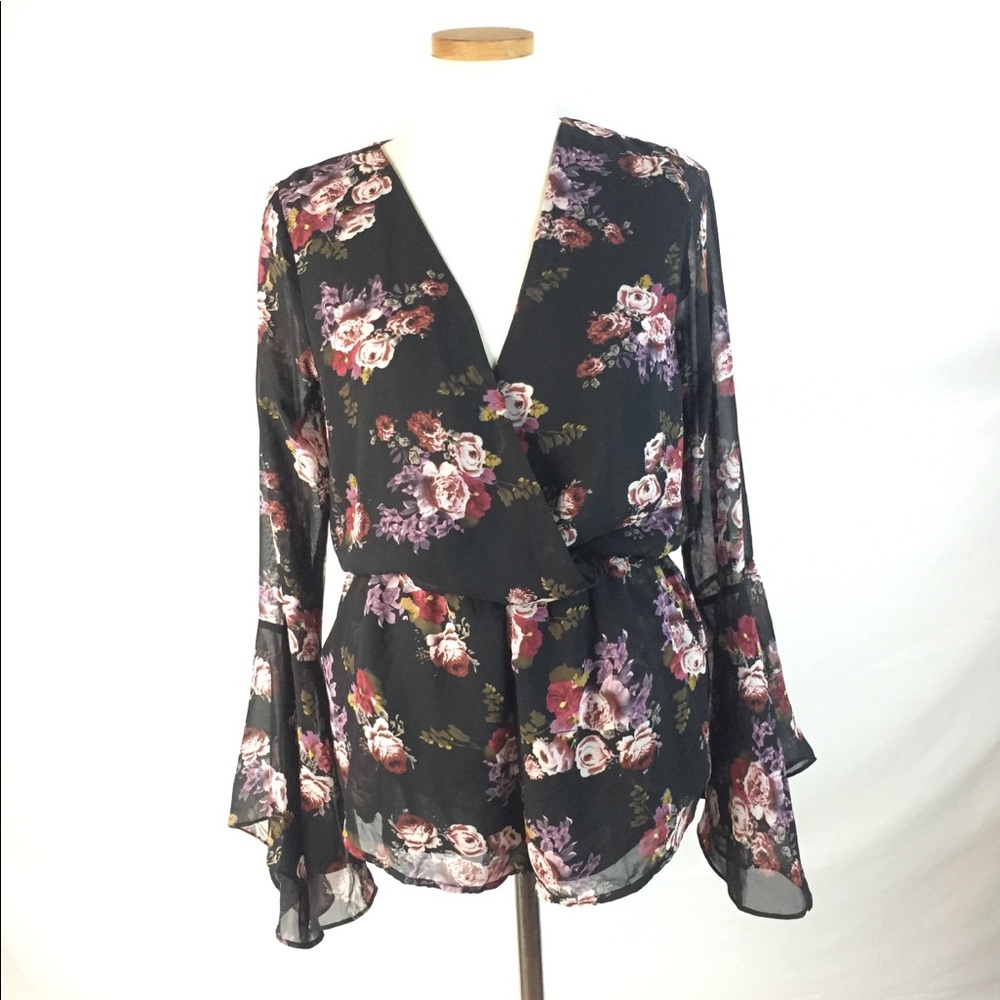 Dark Floral bell sleeve v-neck romper